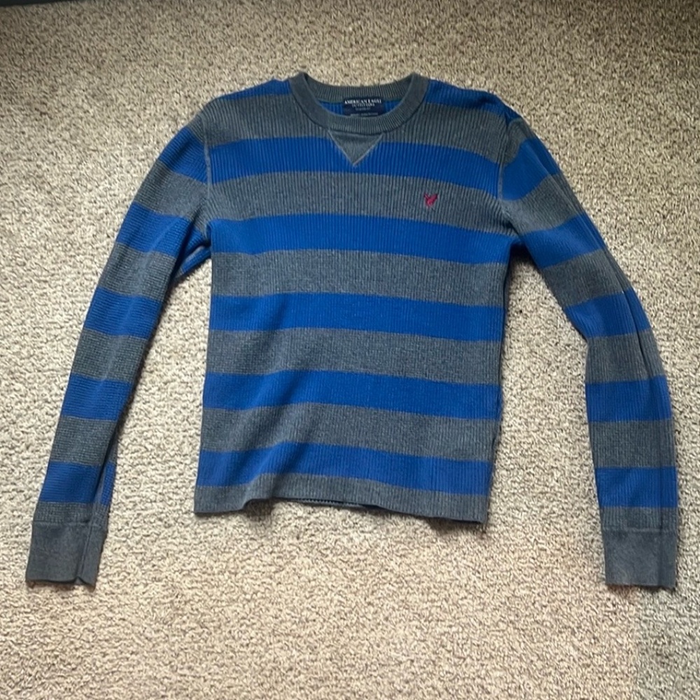 American Eagle Outfitters Men's Grey & Blue Long Sleeve Shirt - Size XS